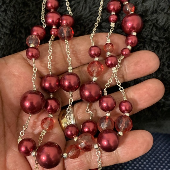 White House Black Market Maroon and Metallic Glass Beaded Triple Strand Necklace - Picture 3 of 9